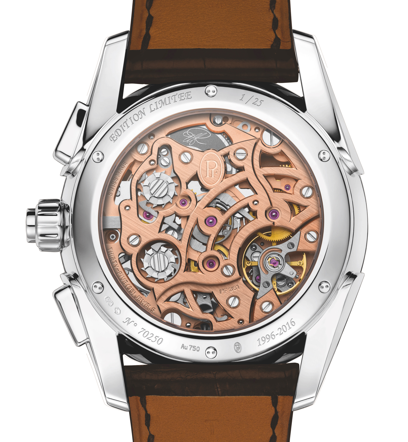 PF caliber 361 with 317 components, including 35 jewels, and a 65-hour power reserve