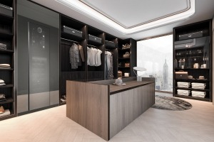 Buben & Zorweg 3d rendering minimal loft dark wood walk in closet with wardrobe