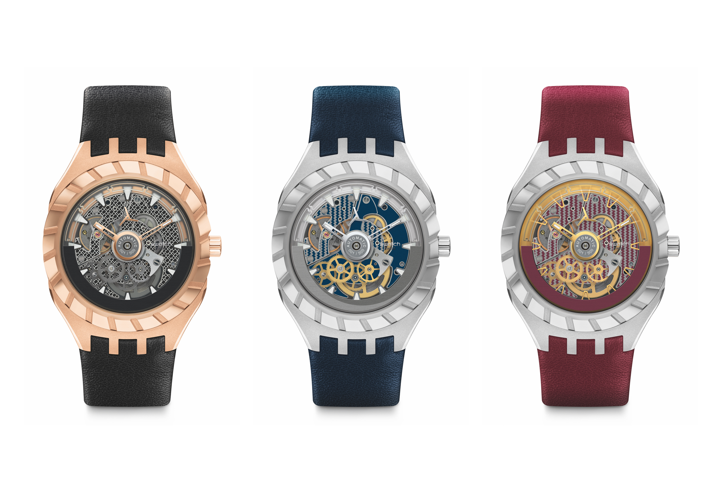 Three versions of the Swatch Flymagic
