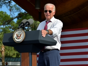 Then Vice President Biden, speaking to a crown in Florida in 2016. Seen with Omega Seamaster 300M with blue dial.