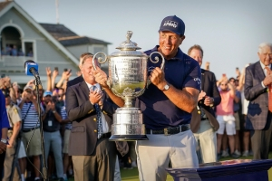 USA Today Phil Mickelson hoisting 2021 PGA trophy with Rolex Cellini on his wrist
