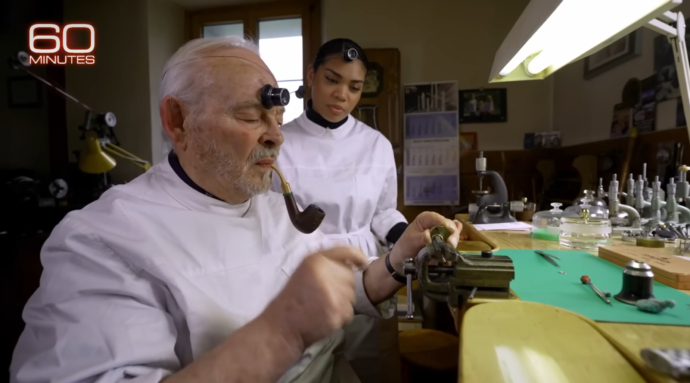 Philippe Dufour and his daughter in workshop with 60 Minutes
