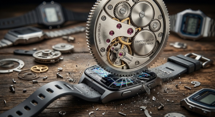 Gemini AI image of Swatch-Group crushing Samsung